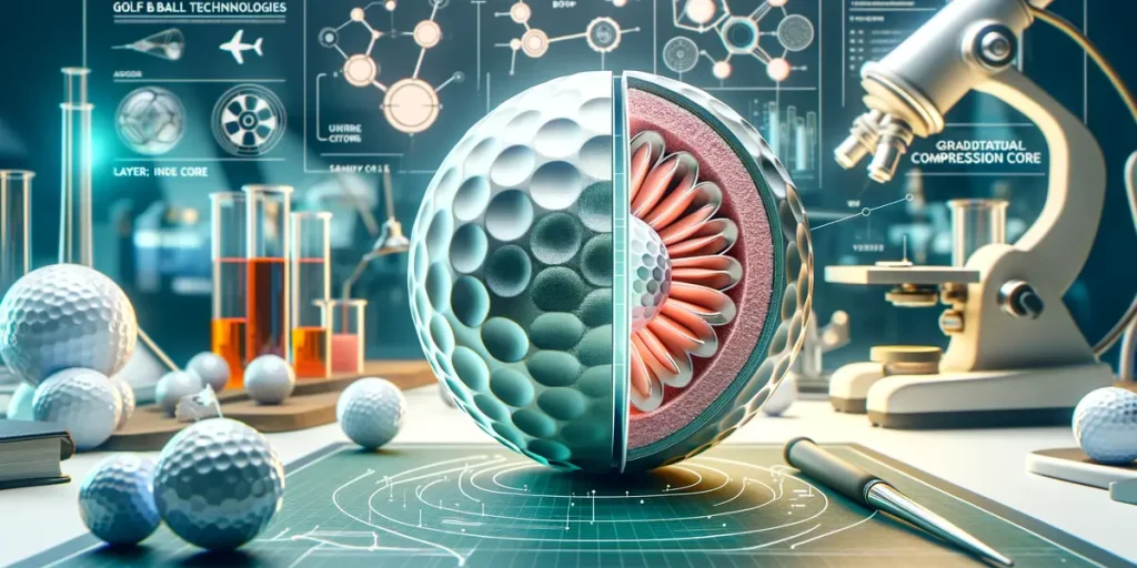 image showcases the cutting-edge technologies behind Bridgestone golf balls, like the Seamless Cover Technology and Gradational Compression Core, highlighting the advanced engineering and meticulous development process.