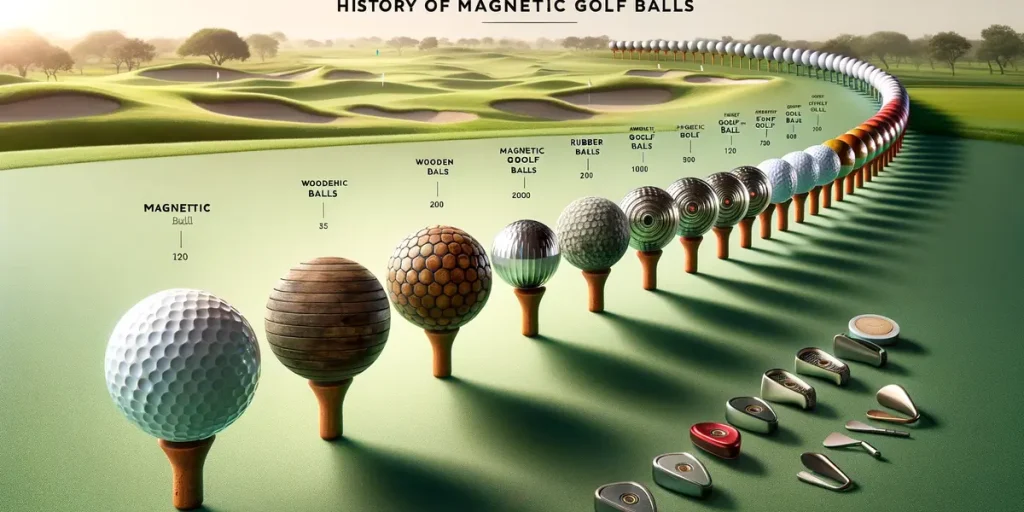 This image illustrates the evolution of golf balls, from ancient wooden balls to modern designs, and speculates on the future with magnetic golf balls.