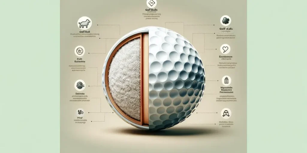 An infographic-style illustration dissecting a golf ball to reveal its components and potential toxic elements