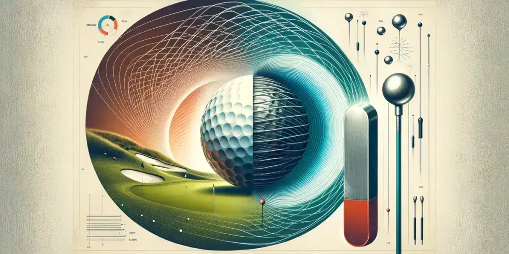 Image Describe the basics of magnetism and its relation to golf balls, the image shows a split visual between a traditional golf ball and the concept of a magnetic field.