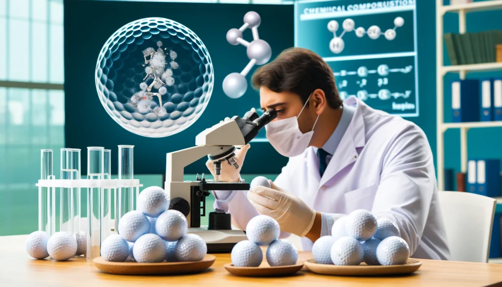 Scientist examining a golf ball under a microscope in a lab, highlighting the study of harmful substances.