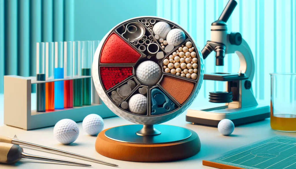 Various golf balls cut in half, displaying different cores in a laboratory setting.