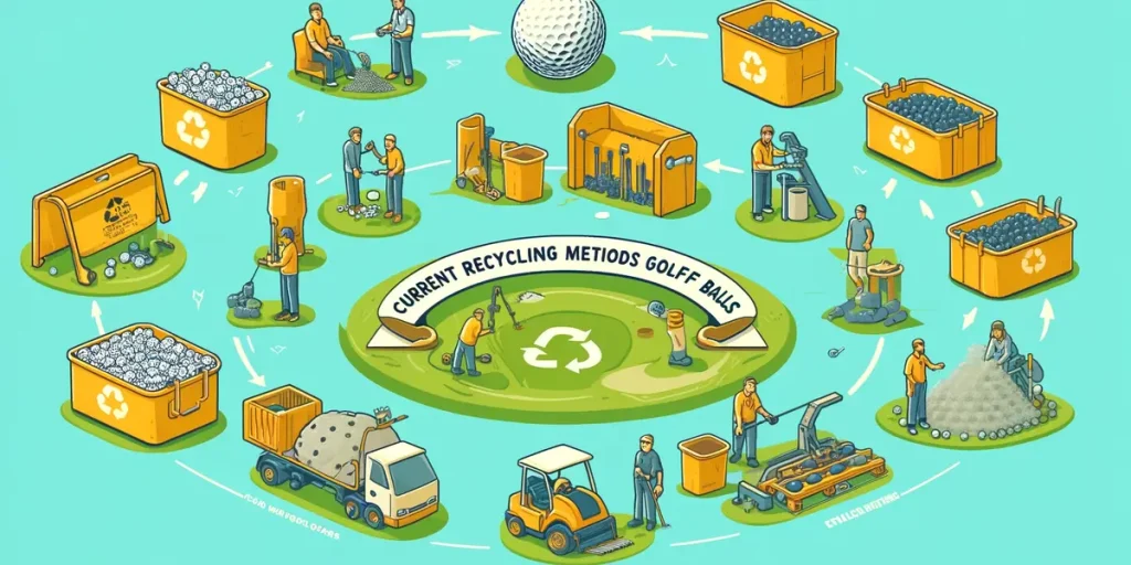 An infographic-style image showing the process of recycling golf balls from collection to transformation into new products, depicting a flow chart with relevant icons