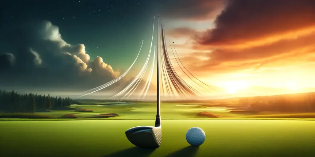  image should depict two parallel trajectories of golf balls against a stunning sunrise on a golf course.