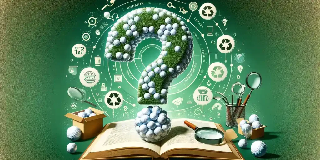 An image featuring a question mark made of golf balls surrounded by symbols of inquiry and environmental themes, illustrating the exploration into golf ball recyclability.