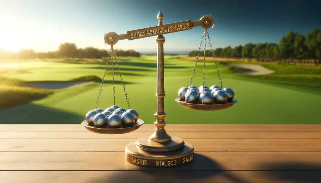 A balanced scale depicting the benefits and drawbacks of metal golf balls on a serene golf course.