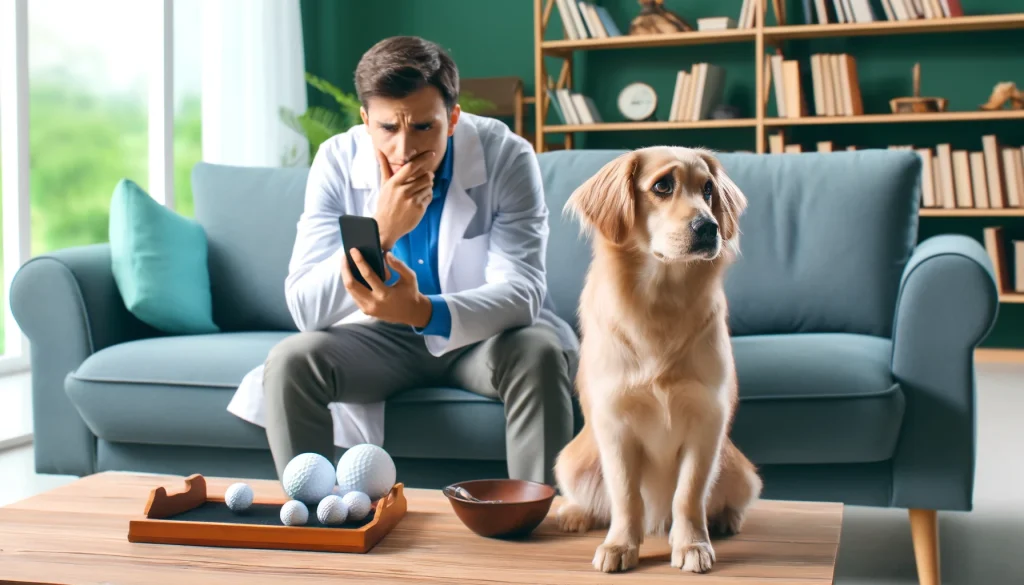 A worried pet owner observing a dog showing signs of distress at home, highlighting the need for vigilance