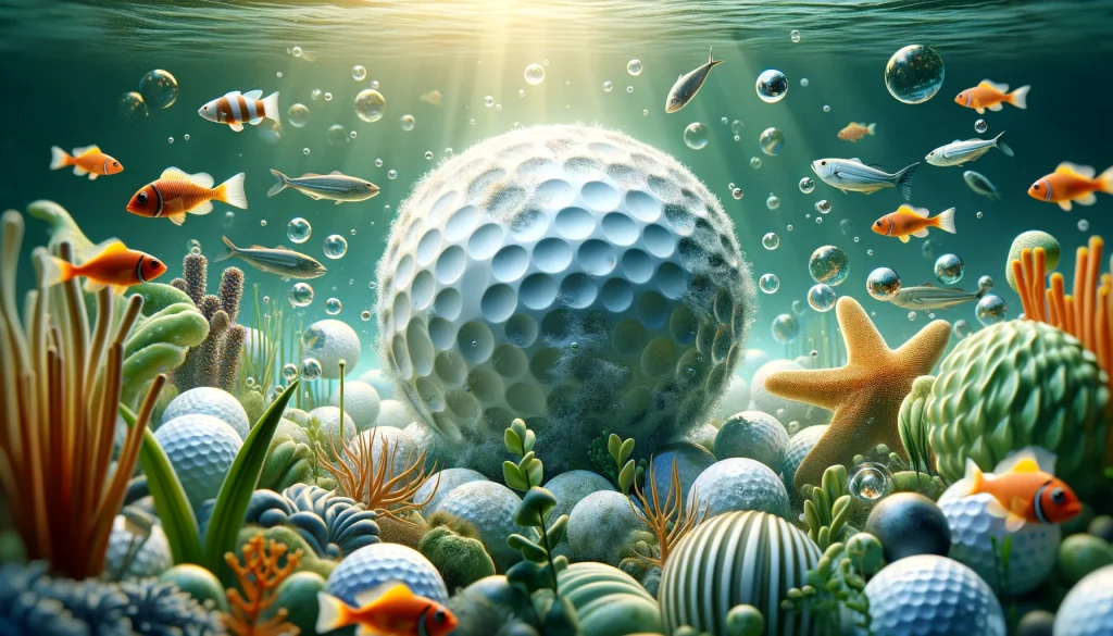 Eco-friendly golf ball dissolving harmlessly in water surrounded by healthy marine life, suggesting innovative solutions