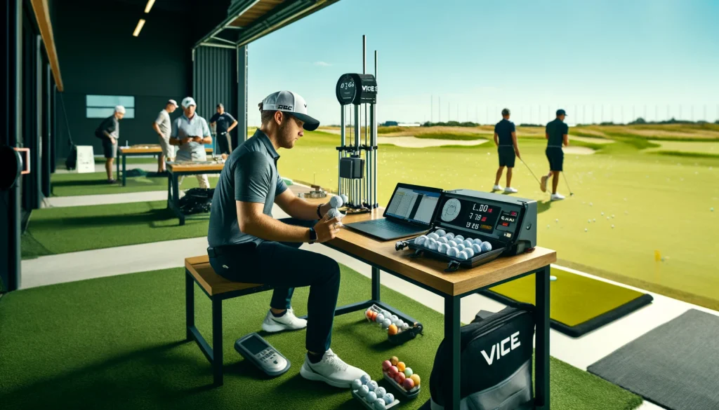 A golfer measuring Vice golf ball performance using scientific equipment on a sunny driving range