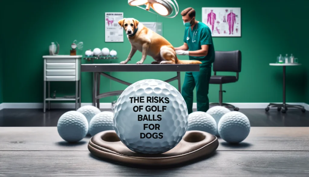 A vet examining a dog in a clinic with a golf ball on the table, emphasizing the health risks to pets