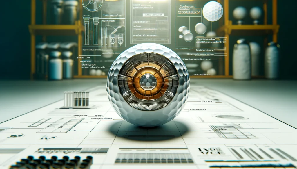 A cross-sectional view of a Vice golf ball with technical annotations, showcasing its design and specifications in a high-tech environment.