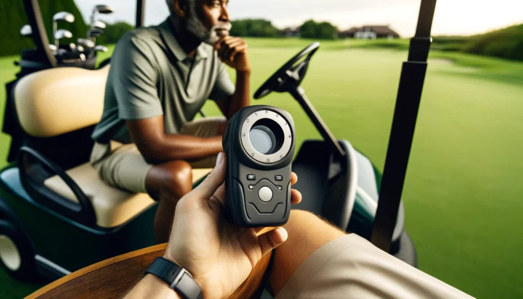  A golfer studying a rangefinder's features on a golf cart.