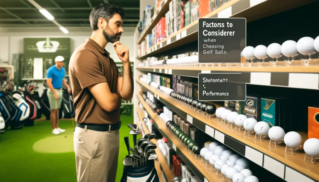 Shows a golfer at a golf store comparing various brands of golf balls, with a chart of price versus performance in the background, aiding in making informed choices.