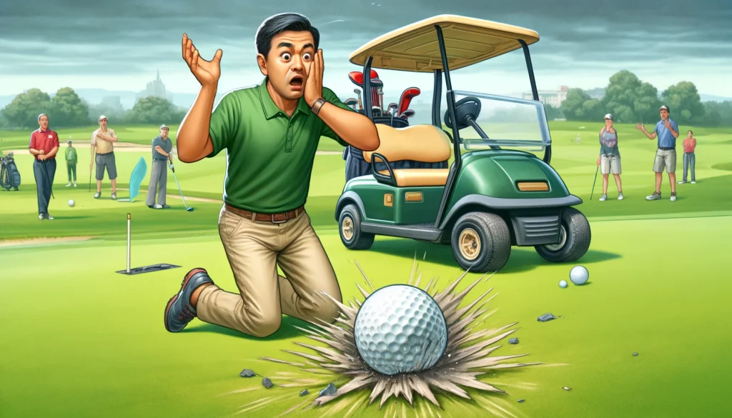 This scene captures the moment a Nitro golf ball causes damage to a golf cart, illustrating the potential consequences of using illegal golf balls