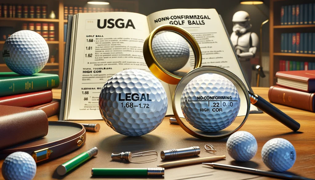 A detailed comparison of legal and illegal golf balls under a magnifying glass, set against a backdrop of a USGA rule book.