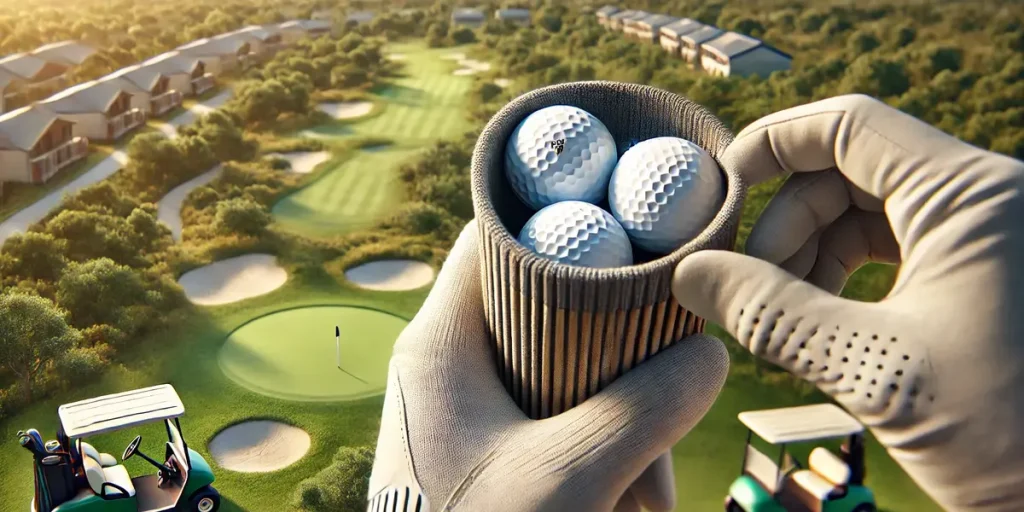 A close-up of three golf balls in a sleeve with a golf course in the background